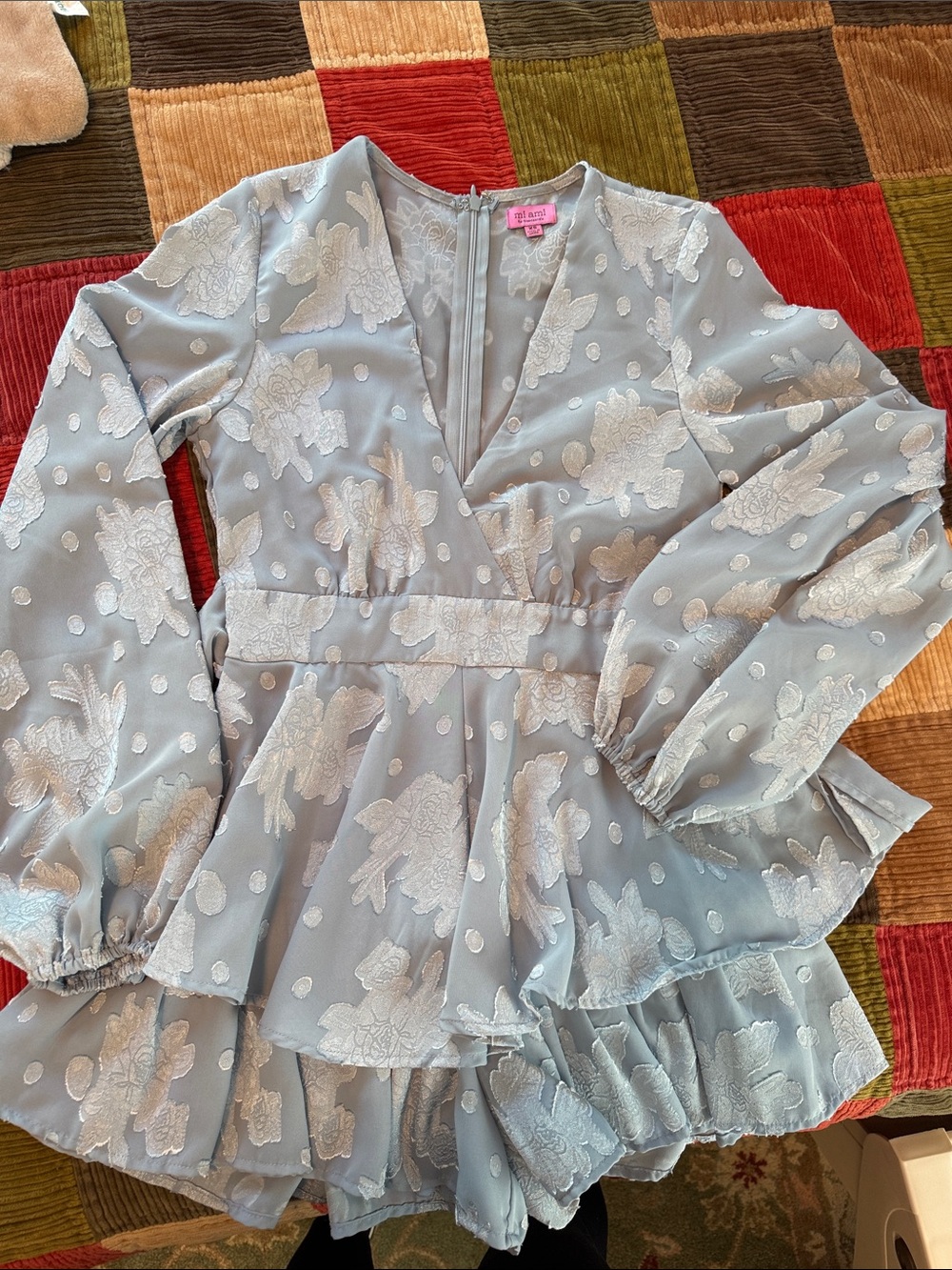 Francesca’s Miami Powder Blue Floral Jacquard Romper